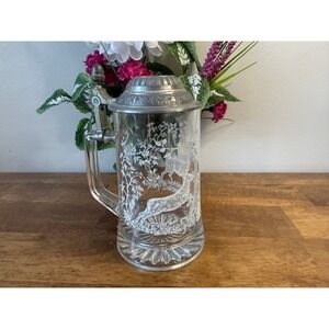 Vintage West German Hunting Scene Beer Stein Glass Pewter Rustic Bar Cabin Decor